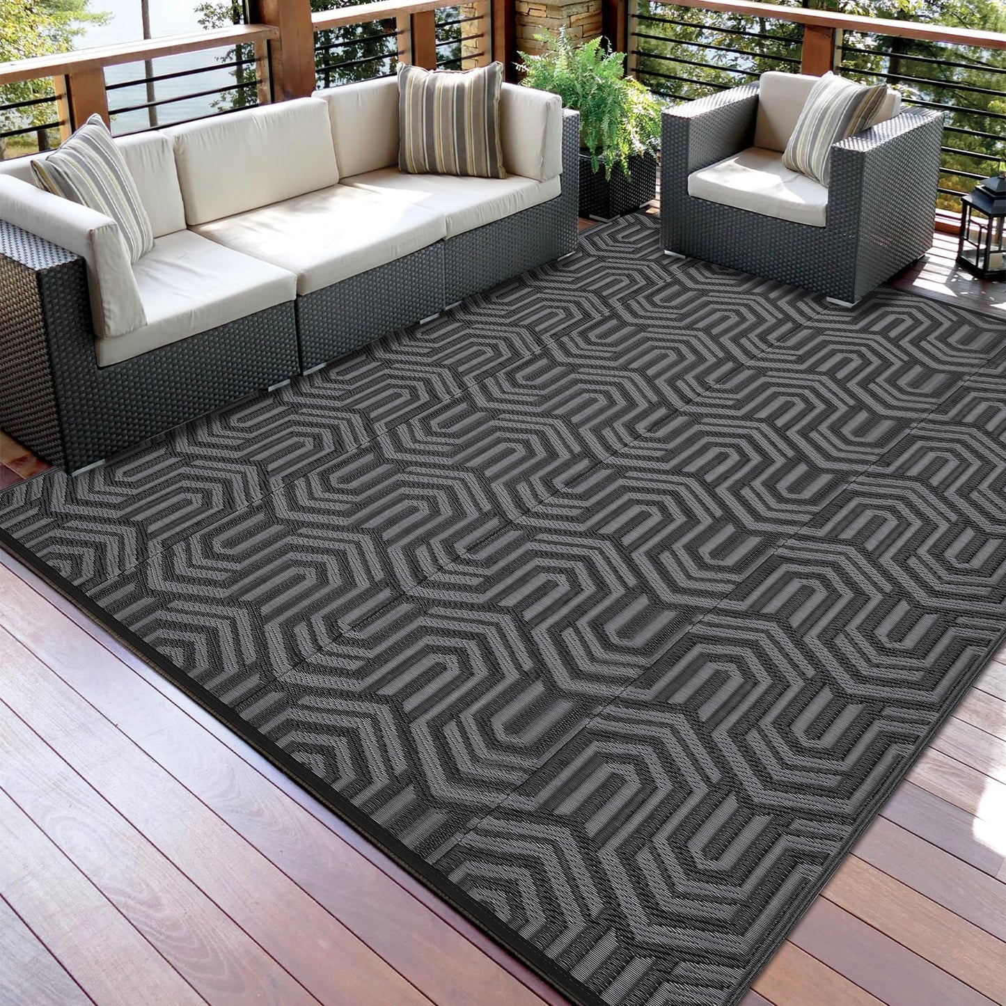 MilleLoom 9x12 Outdoor Rug Waterproof Foldable Plastic Straw Carpet for Patio Porch Abstarct Line Reversible Mat Lightweight Floor Mat for Picnic, Backyard, Rv, Beach, Deck, Camper, Balcony，Black/Grey
