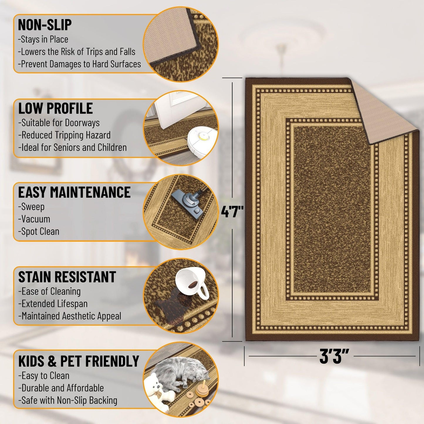 Ottomanson Area Rug 3'3" x 4'7" – Non Slip Rubber Backed Indoor Rug, Low Pile Accent Rug for Living Room, Bedroom, Entryway, Kitchen, Durable Floor Carpet, Border Brown