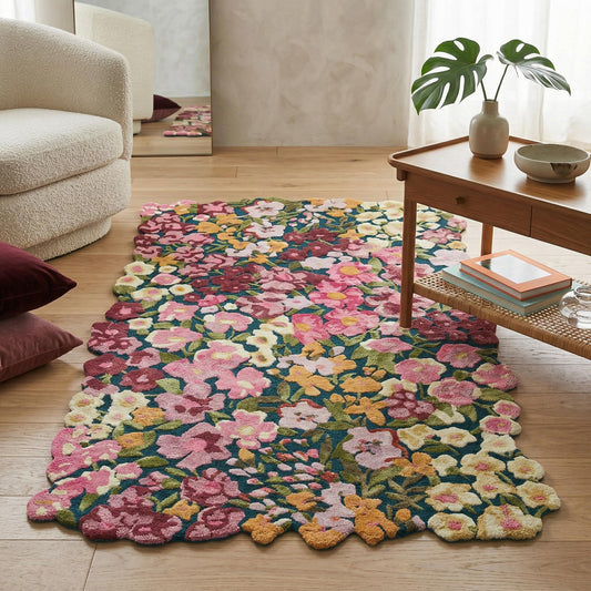 Handmade Colorful Floral Silk & Wool Area Rug | Spring Garden Overflows The Frame | Unique Irregular Shape Flower Carpet | Perfect for Living Room, Bedroom & Kids Room Decor (Multi A, 5' x 8')