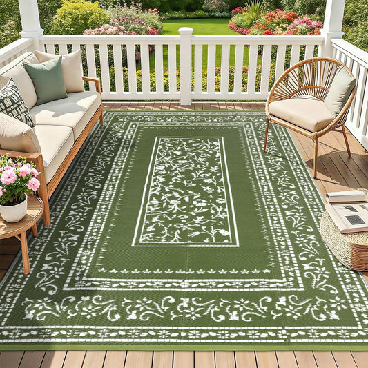 nesrt Patio Outdoor Rug 5x8 Ft Waterproof, Reversible Plastic Straw Floral Rugs for RV Camping Picnic, Portable Outside Balcony Carpet Mat for Deck Backyard Beach Porch (Dark Green)