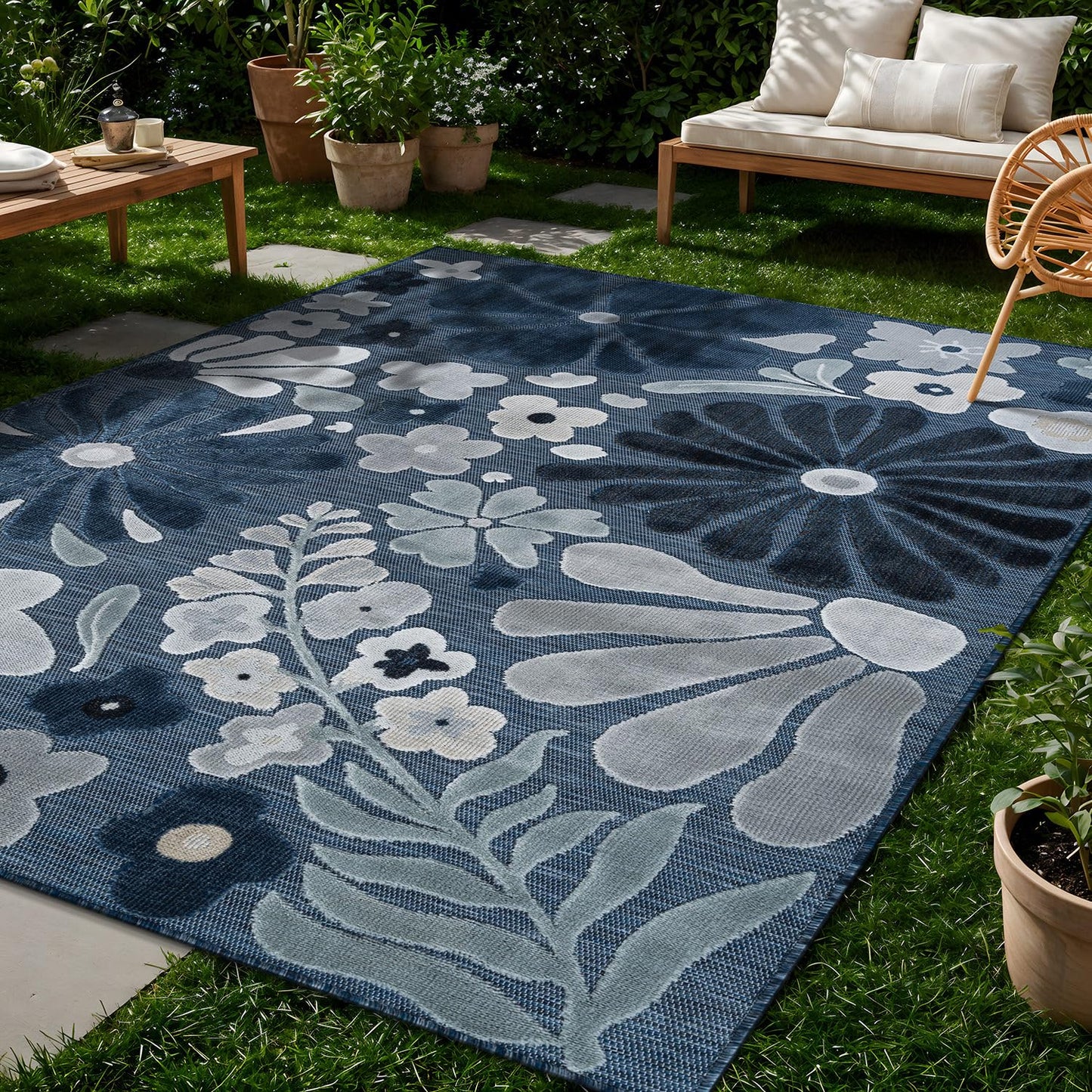 Beverly Rug Outdoor Rug 8x10 Modern Floral Tropical Area Rugs for Outdoor and Indoor Patio Easy to Clean Non Shedding Living Room Porch Garden Washable Outside Carpet (8 x 10 Navy)