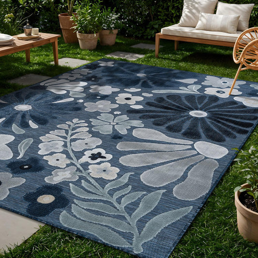 Beverly Rug Outdoor Rug 8x10 Modern Floral Tropical Area Rugs for Outdoor and Indoor Patio Easy to Clean Non Shedding Living Room Porch Garden Washable Outside Carpet (8 x 10 Navy)