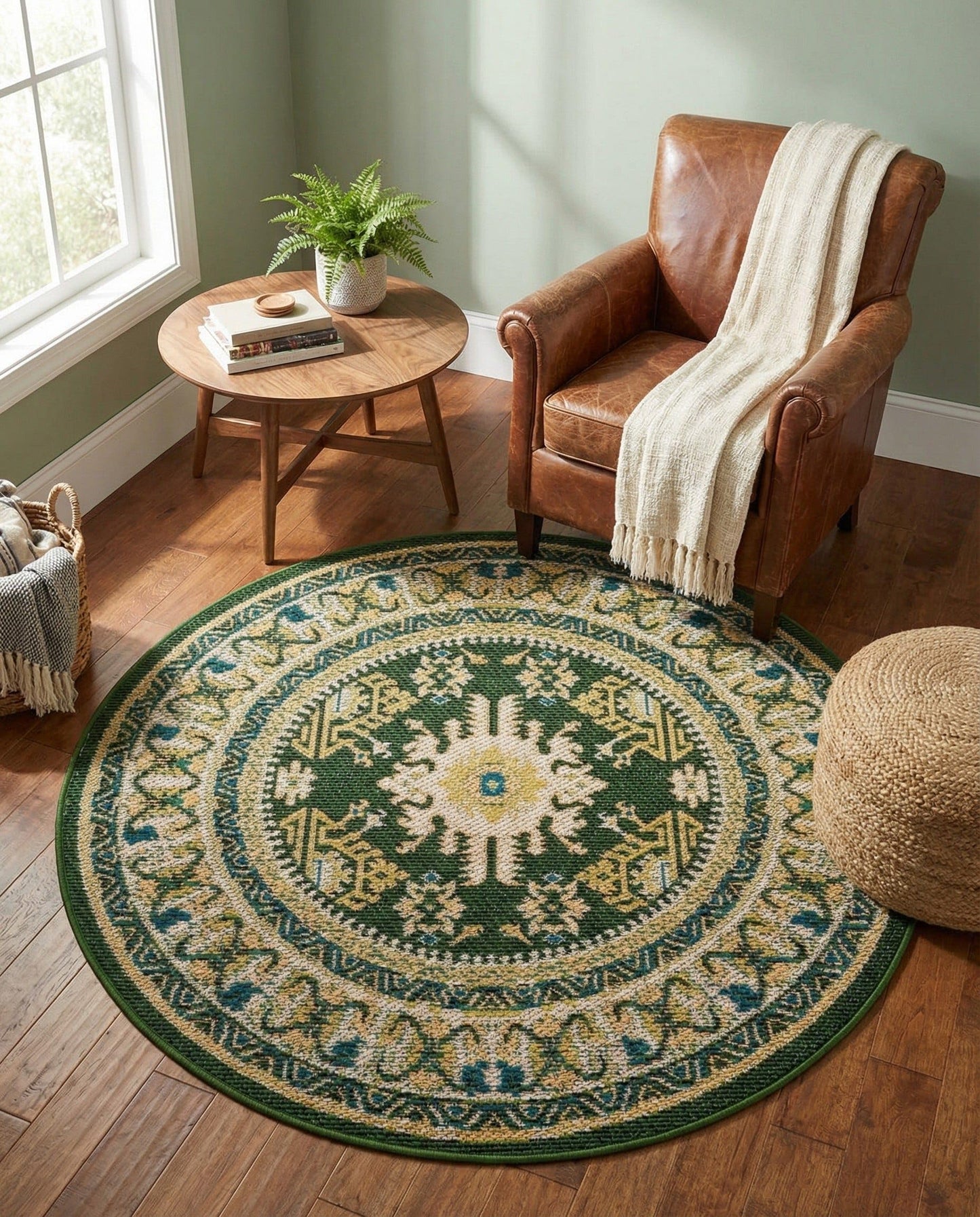 Rugs.com Baja Outdoor Collection Rug – 4 Ft Round Green Medium-Pile Rug Perfect for Kitchens, Dining Rooms