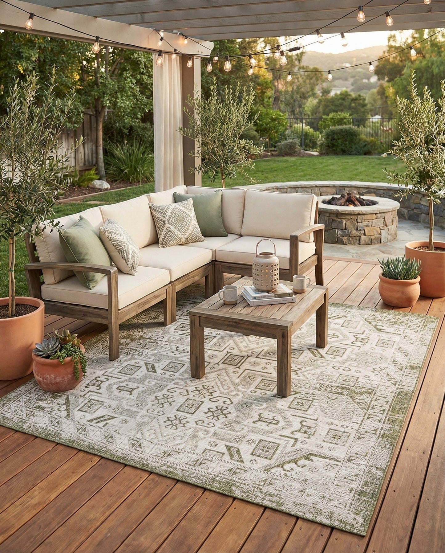 Rugs.com - Outdoor Aztec Rug – 8 Ft Square Green Indoor/Outdoor Rug – Washable Flatweave Area Rug for Patios, Decks, and Porches