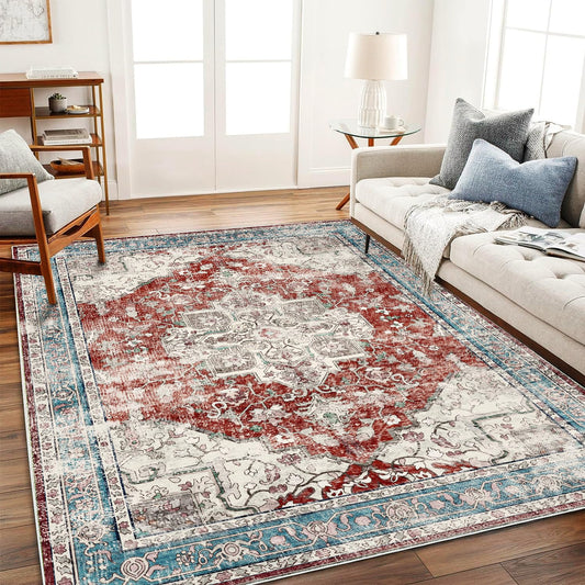 CHAMPLANT Area Washable Rug 5'x7' Red Blue Washable Vintage Traditional Floor Cover Thin Rug Retro Kitchen Indoor Distressed Non Slip Carpet Floral Print Mat Living Room Bedroom Dining Room