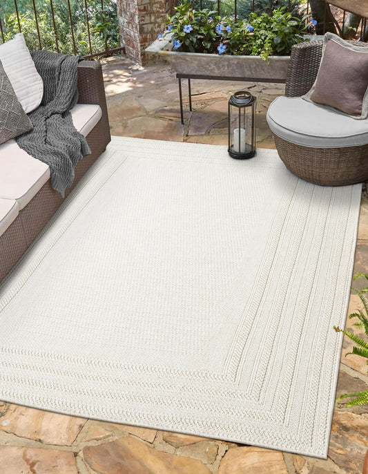 RUGGERRUGS Berry Easy Jute Indoor Outdoor Rug, 5x7 Neutral Bordered Jute Look, Weather Resistant, Easy Care, Lightweight Outdoor Farmhouse Carpet for Patio, Porch, Living Room (5' x 7', Ivory)