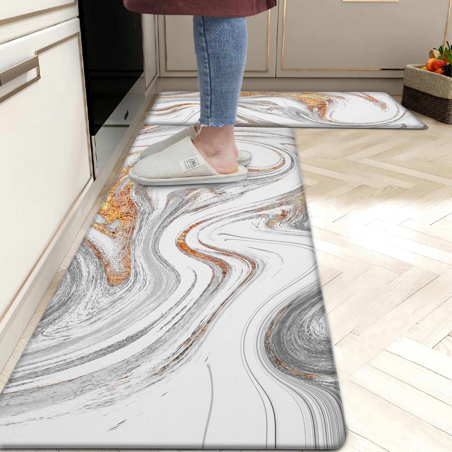 tubeamin Kitchen Mats for Floor Anti Fatigue Floor White Marble Cushioned Memory Foam Non Slip PVC Leather Padded Comfort Standing Rugs Set of 2, 17.3x28+17.3x47 Inch, 0.4 Inch Thick