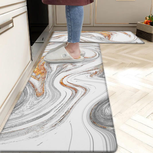 tubeamin Kitchen Mats for Floor Anti Fatigue Floor White Marble Cushioned Memory Foam Non Slip PVC Leather Padded Comfort Standing Rugs Set of 2, 17.3x28+17.3x47 Inch, 0.4 Inch Thick
