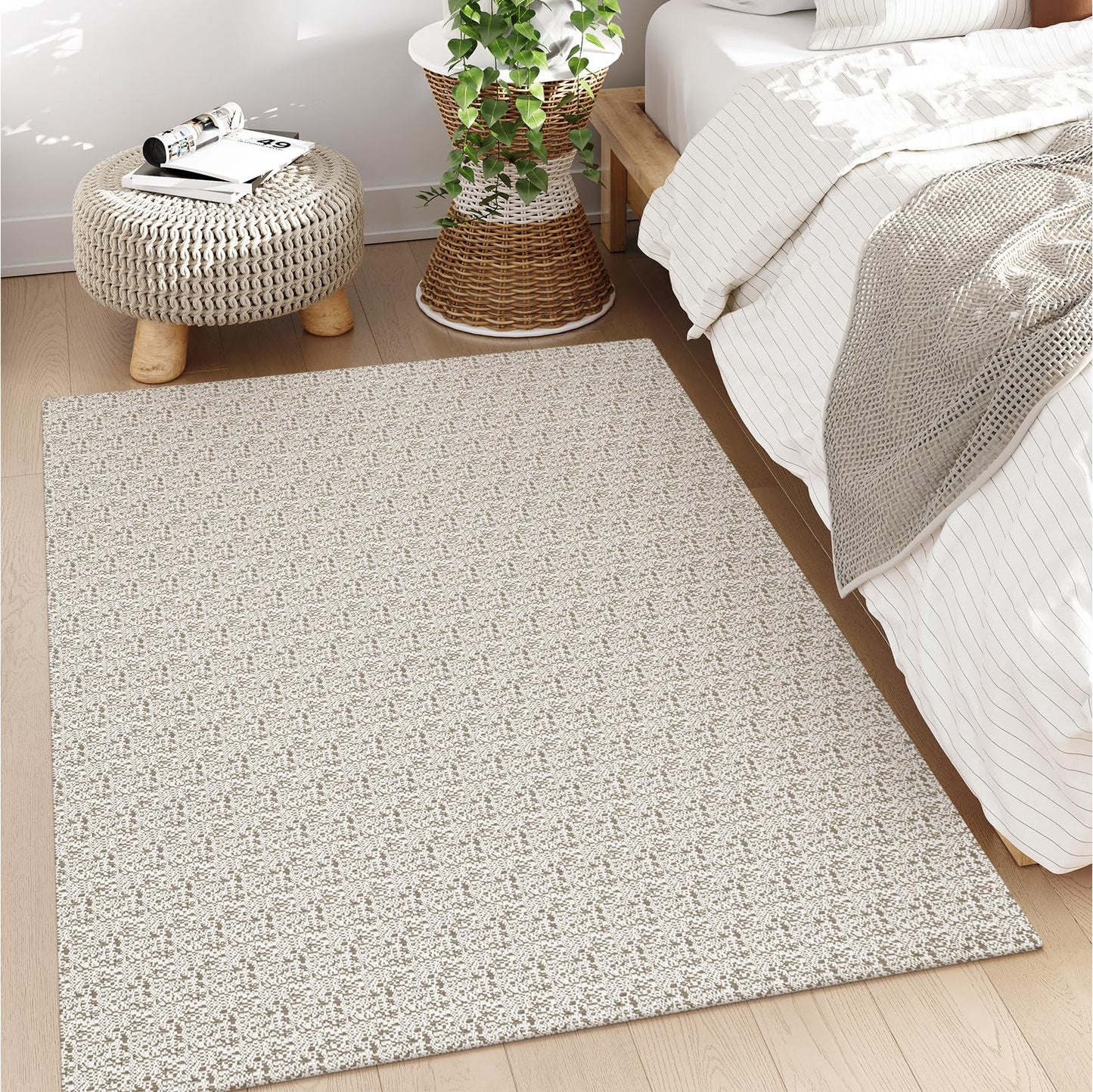Collive Area Rugs 4x6, Farmhouse Machine Washable Living Room Rug Boho Woven Cotton Bedroom Rugs, Tan Modern Dining Room Rug Non Slip Indoor Carpet for Nursery Bedside Entryway Office