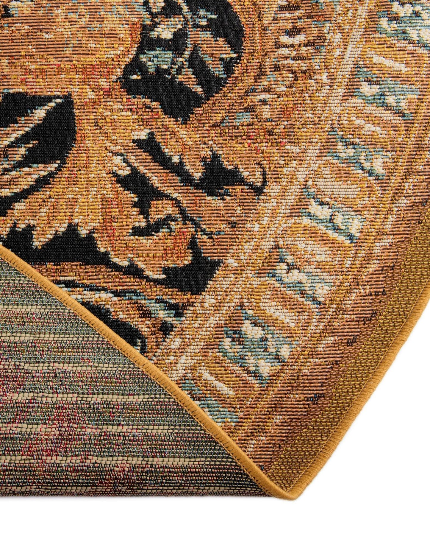Rugs.com - Outdoor Traditional Rug – 3 Ft Round Black Gold Brown Indoor/Outdoor Rug – Weather-Resistant Flatweave for Patio, Deck, and Porch