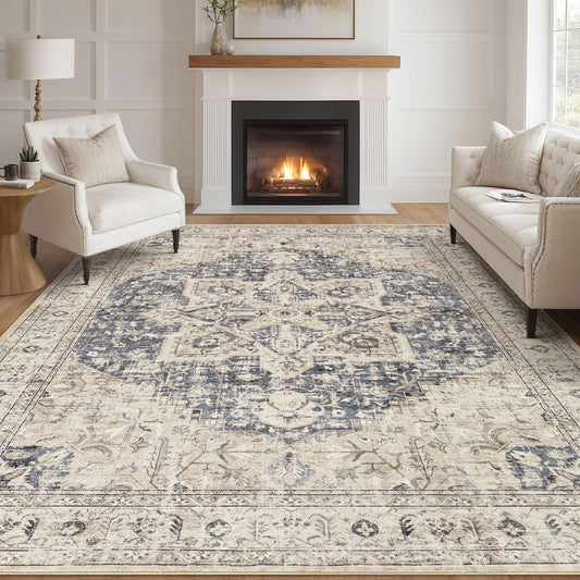 Tortania Area Rug Living Room Rugs - 8x10 Washable Boho Rug Vintage Oriental Distressed Farmhouse Large Thin Indoor Carpet for Living Room Bedroom Under Dining Table Home Office - Cream Blue