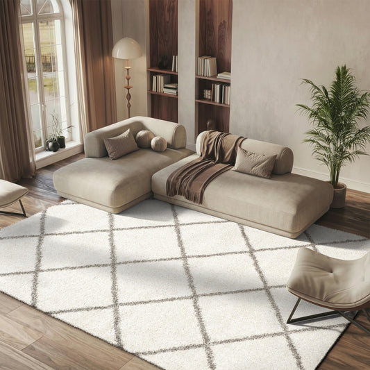 SAFAVIEH Hudson Shag Collection Area Rug - 5' x 7', Ivory & Grey, Modern Diamond Trellis Design, Non-Shedding & Easy Care, 2-inch Thick Ideal for High Traffic Areas in Living Room, Bedroom (SGH281A)