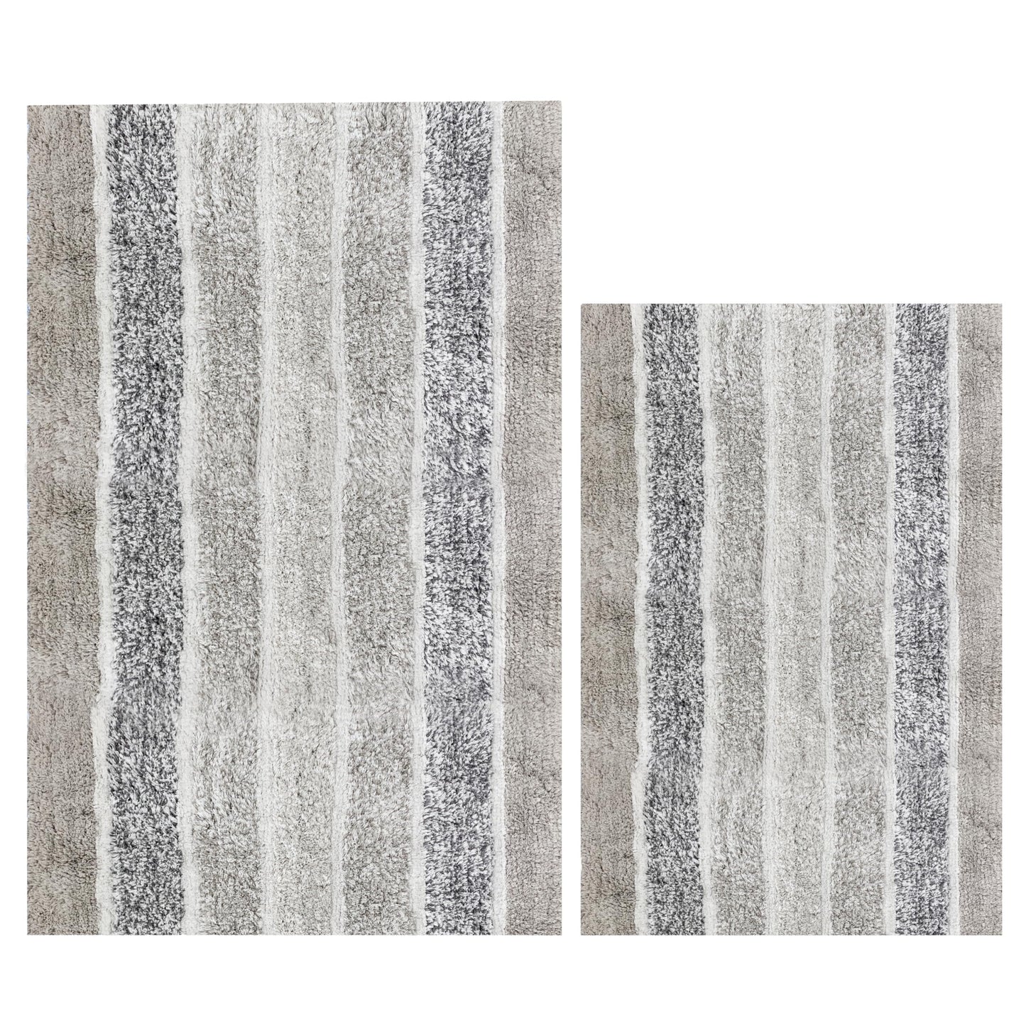 Ramanta Home Alpine Stripe 100% Cotton Bath Rug Set of 2 - Light Grey, Non Slip Soft Absorbent Bath Rug Set for Bathroom, Kitchen, Machine Washable Floor Mats - 21x32 & 17x24 Inch
