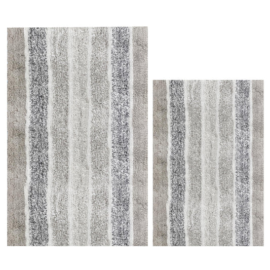 Ramanta Home Alpine Stripe 100% Cotton Bath Rug Set of 2 - Light Grey, Non Slip Soft Absorbent Bath Rug Set for Bathroom, Kitchen, Machine Washable Floor Mats - 21x32 & 17x24 Inch