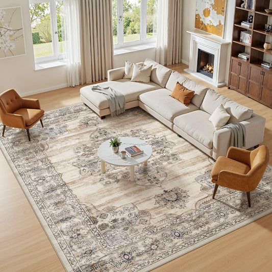 Jessibou Washable 5x7 Area Rug for Living Room - Ultra Soft Vintage Carpet with Non-Slip Backing, Stain Resistant Low-Pile Indoor Rug for Bedroom & Home Office, Kid & Pet Friendly - Beige