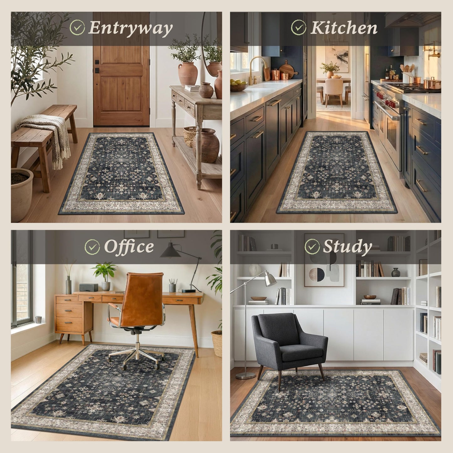 3x4 Black Boho Office Chair Mat for Hardwood Tile Floor - Ultra-Soft Low Pile Desk Rug with Non-Slip Backing, 36''x48'' Machine Washable Area Rug and Floor Protector for Rolling Computer Chair Mat