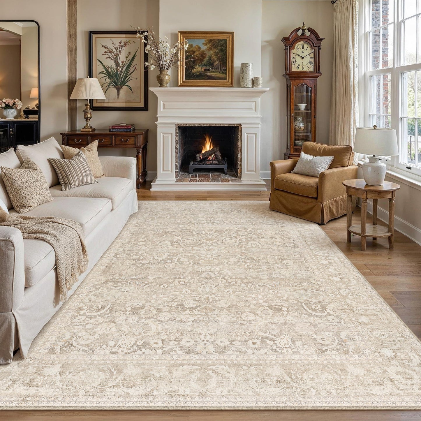 Berthmeer 8x10 Area Rug for Living Room, Ultra Soft Washable Rugs for Bedroom, Non-Slip Indoor Large Carpet, Low-Pile Floral Accent Rug for Dining Room, Office & Home Decor Beige