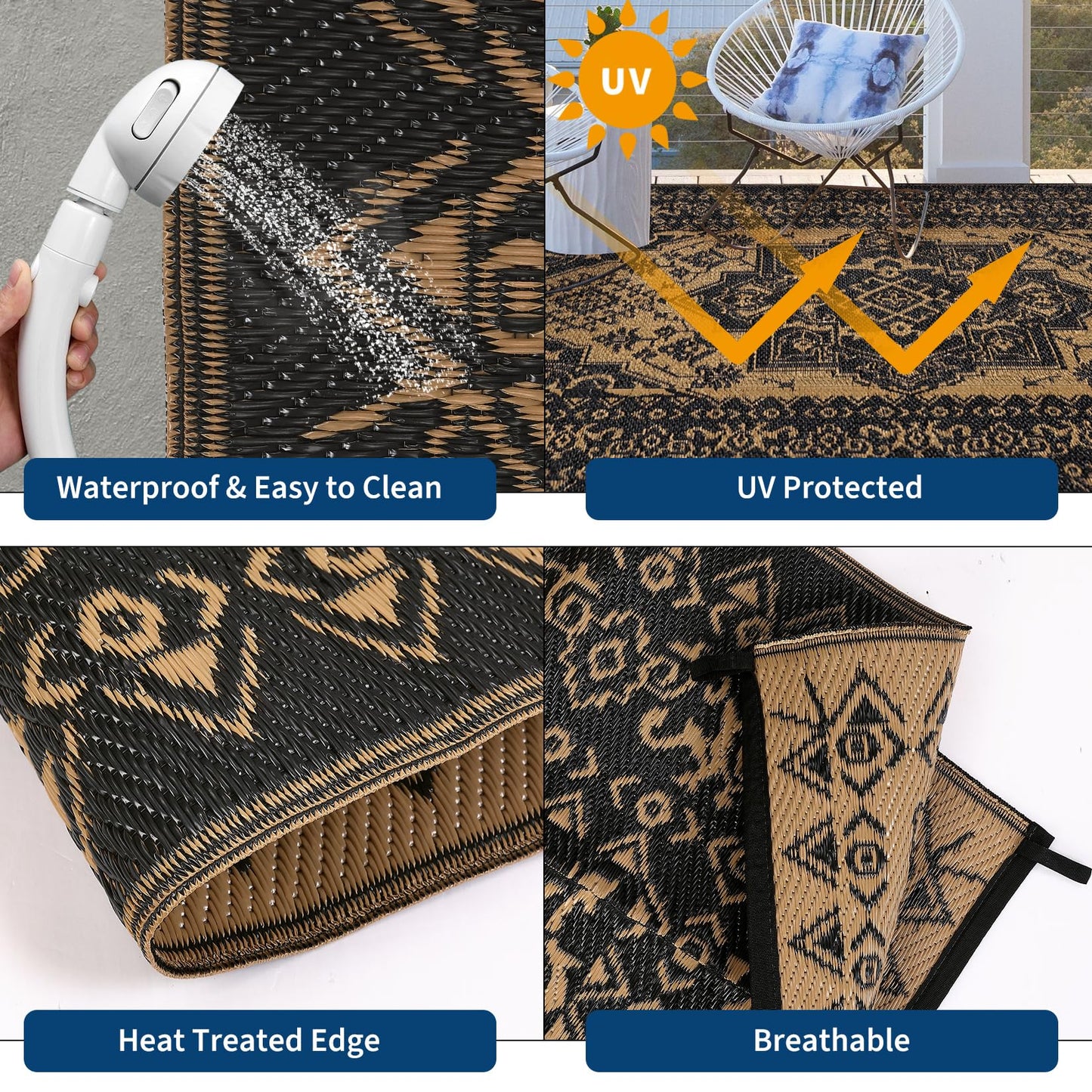 Garvee Outdoor Patio Rug 9x12 Waterproof Reversible Mat Medallion Outdoor Plastic Straw Rug with 4 Stakes and Starage Bag Portable Area Rug for Camping Porch Deck Rv Balcony Backyard Beach, Brown