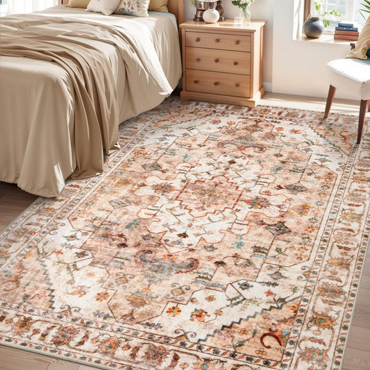SERISSA 4x6 Boho Bedroom Rug, Washable Non Slip Vintage Peach Cream Area Rugs, Ultra Soft Print Distressed Tribal Entry Rug Low-Pile Throw Carpet for Nursery Dorm Kitchen Living Room Decor