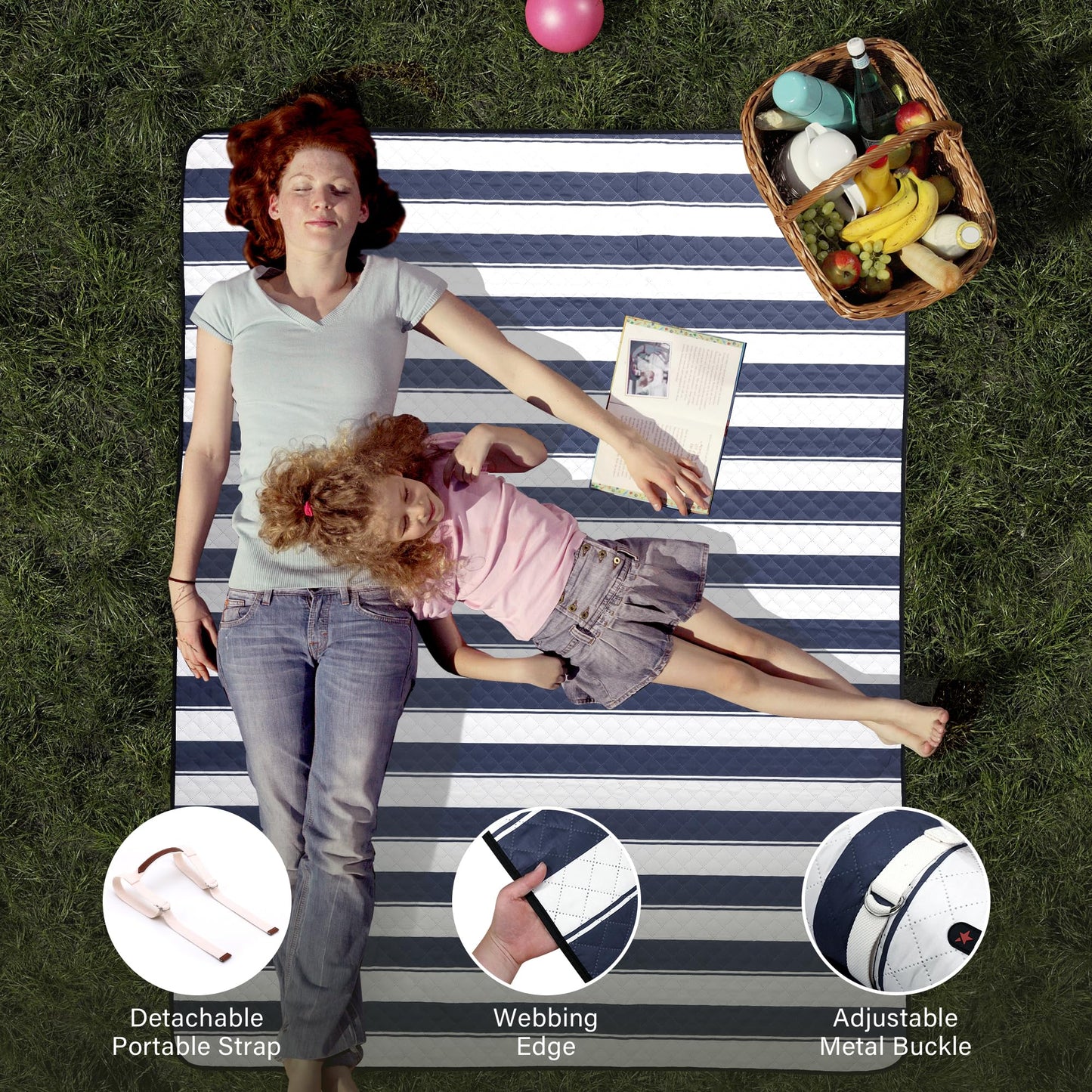 HX&OD Outdoor Picnic Blanket Extra Large, 80”x60” Waterproof Picnic Mat Foldable Camping Blanket Portable with Carry Strap for Beach Mat (Bule)