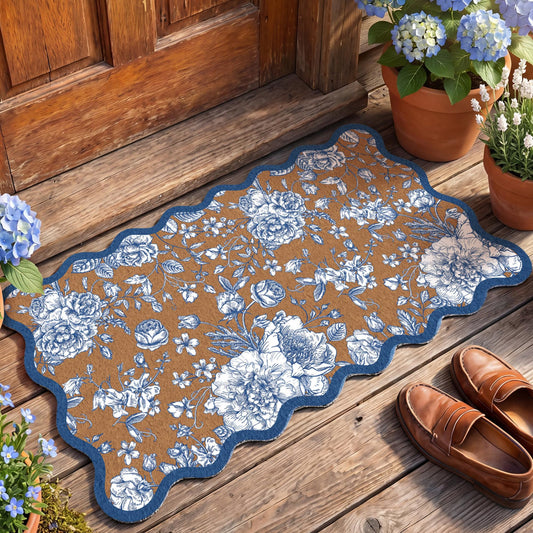Dunzy Blue Floral Doormat Scalloped Edge Welcome Mat for Front Door, Non Slip Outdoor Entryway Rug, Blue and White Coquette Faux Coir Floor Mat for Patio Porch Decor, Weather Resistant 29 x 16.5 Inch