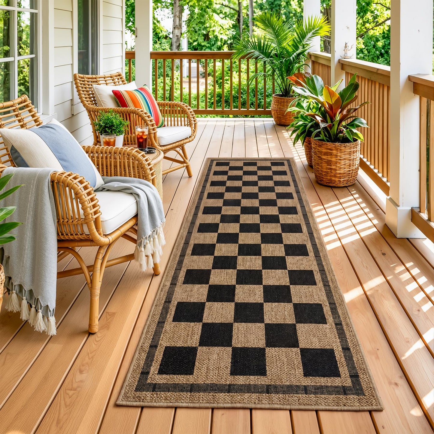 Vasofe 2x6 Jute Checkered Rugs, Outdoor Runner, Runner Rug for Hallway, Washable Patio Porch Balcony Runners Indoor Bedroom Kitchen Laundry Mat, Non Slip Plaid Farmhouse Carpet, Black and Brown