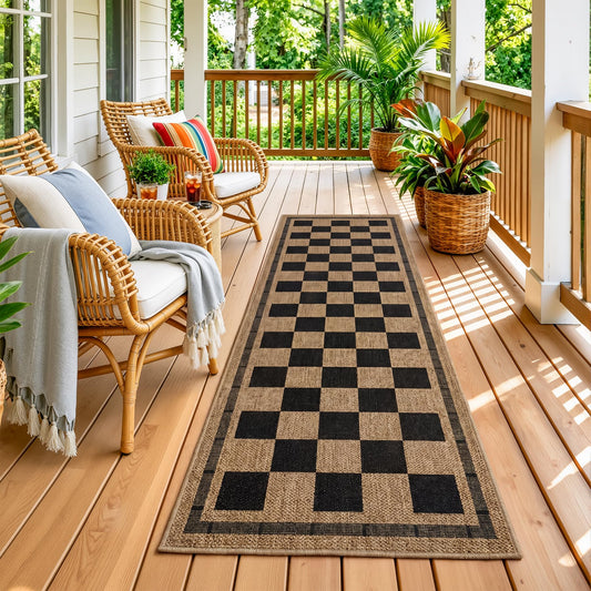 Vasofe 2x6 Jute Checkered Rugs, Outdoor Runner, Runner Rug for Hallway, Washable Patio Porch Balcony Runners Indoor Bedroom Kitchen Laundry Mat, Non Slip Plaid Farmhouse Carpet, Black and Brown