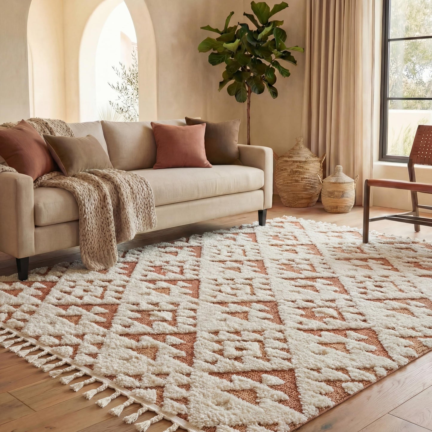 SAFAVIEH Moroccan Tassel Shag Collection Area Rug - 5'3" x 7'6", Ivory & Brick Rust, Non-Shedding & Easy to Clean, Plush High-Low Texture, Ideal for Living Room, Bedroom, Dining Space (MTS688P)