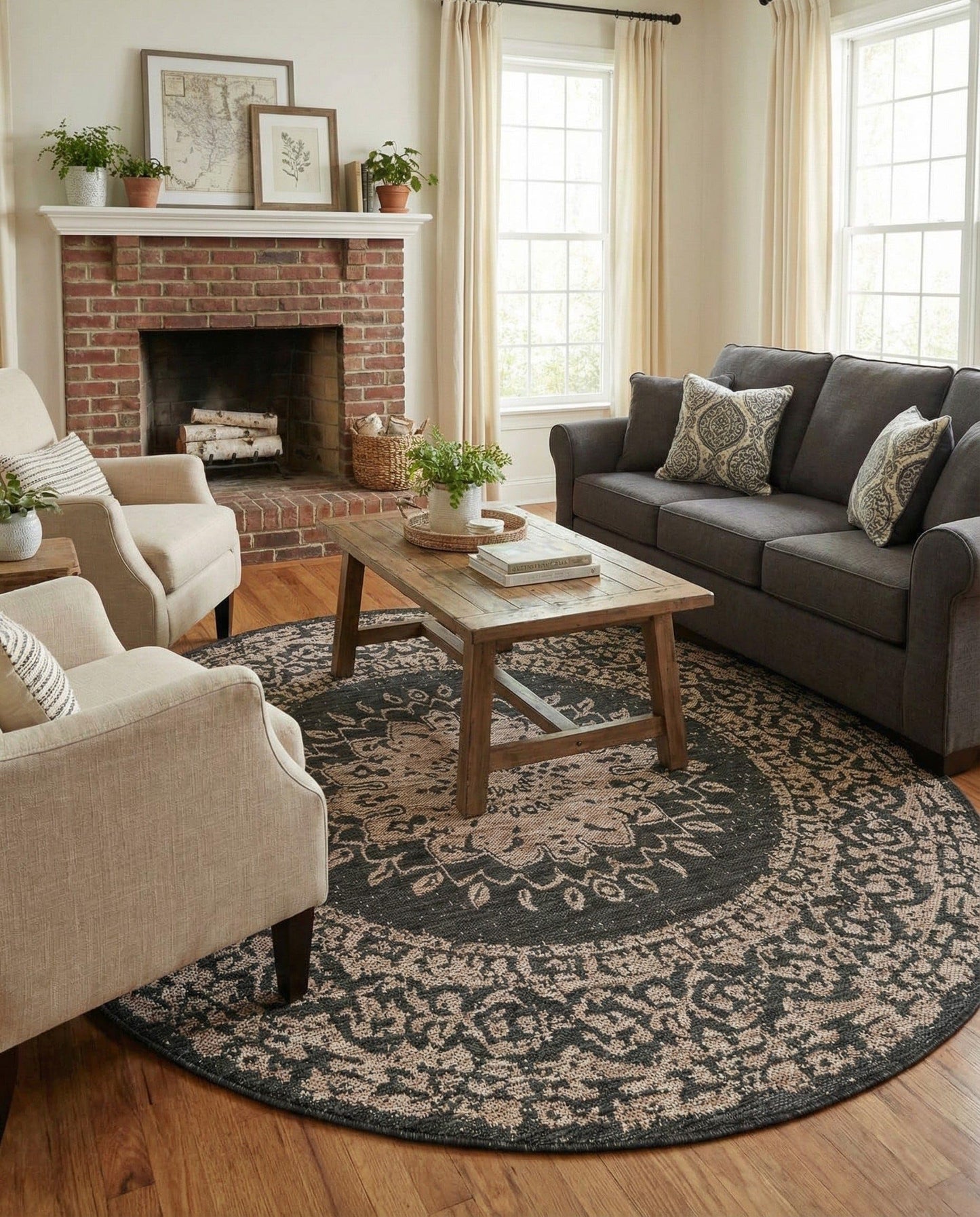 Rugs.com Outdoor Traditional Collection Rug – 6 Ft Round Black Flatweave-Pile Rug Perfect for Kitchens, Dining Rooms