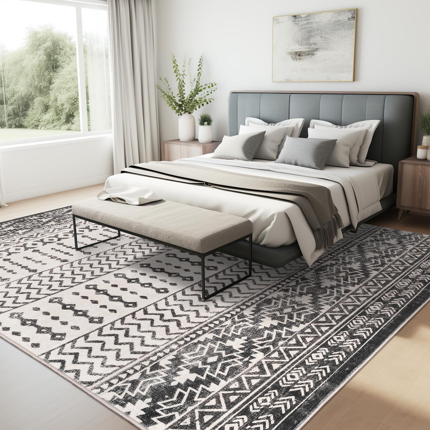 Art&Tuft Area Rug 5x7, Super Soft Ultra-Thin Moroccan Washable Anti-Slip Backing Rugs for Living Room, Foldable, Geometric, Machine Washable (5'x7', Black)