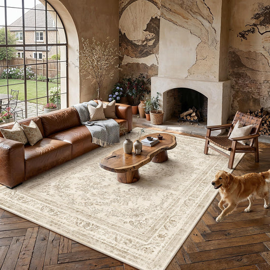 HUGEAR 8x10 Machine Washable Rug Beige Area Rug Room Decor Vintage Distressed Living Room Rugs Non Slip Mats Low Pile Soft Carpet for Bedroom Dining Room Office Soft Lightweight