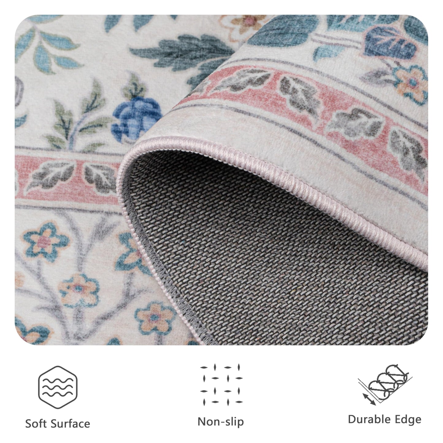 Yarooge 6x6 Square Area Rugs, Machine Washable Low Pile Floral Rugs for Living Room, Bedroom, Large Boho Area Rug with Non-Slip Backing for Dining Room(Pink Floral)