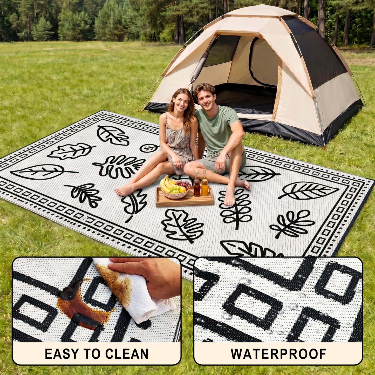 CircleRoad RV Outdoor Rug 9x12 Waterproof Patio Rug Mat with 4 Stakes UV Resistant Reverisble Plastic Straw Outdoor Rug with Carry Bag for RV Camping Picnic Beach Backyard