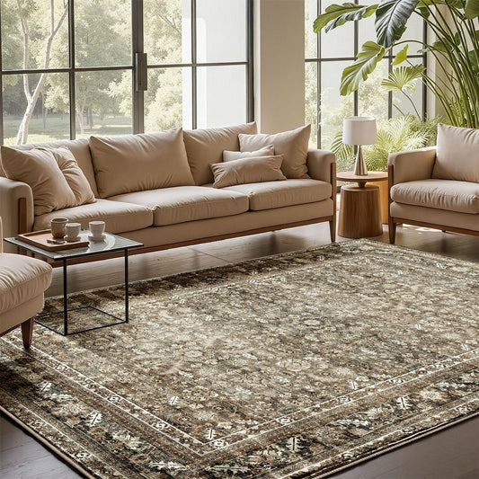 OPPODREAM Vintage Brown Area Rugs 5x7, 5 x 7 Retro Washable Rug Non Slip, Low-Pile Faux Wool Carpet, Distressed Floor Mat for Living Room, Bedroom, Kitchen, Office, Dorm, Dinning Room