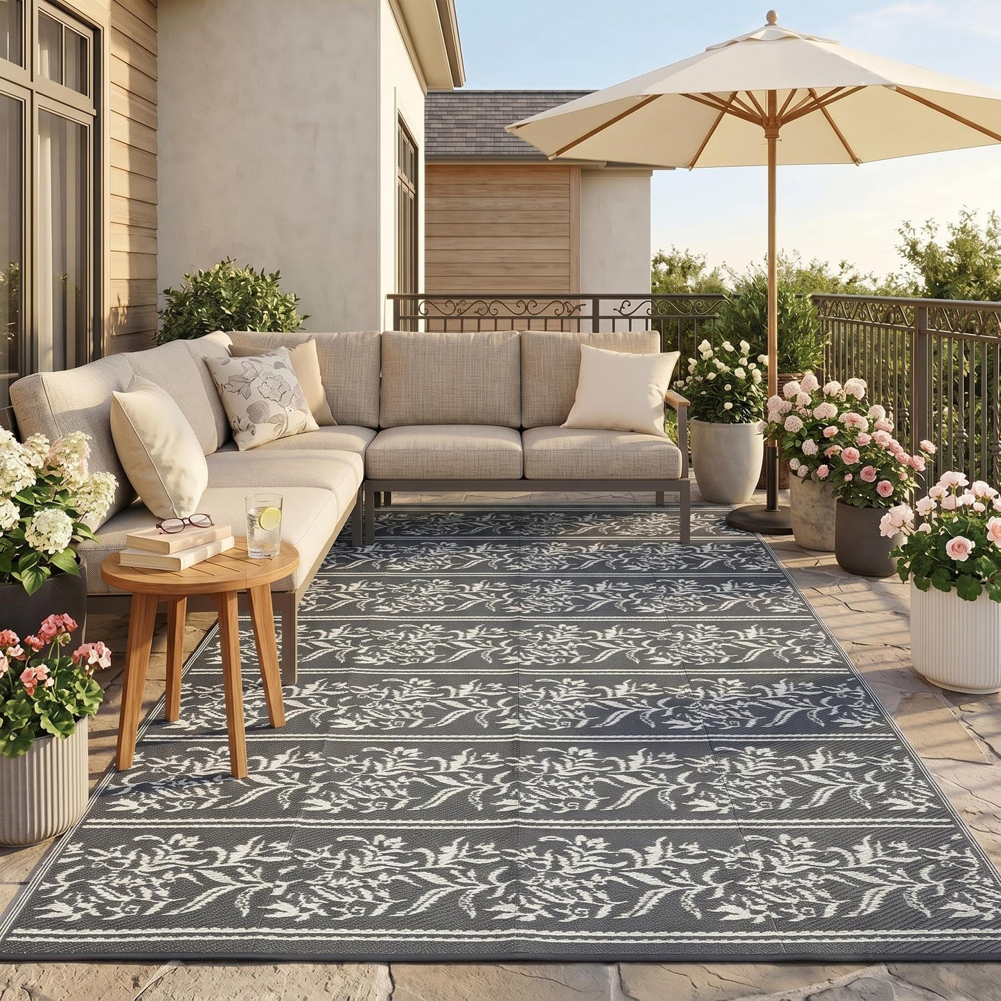 Garvee Outdoor Rugs 5x8 Waterproof Reversible Mat Boho Leaf Patio Rug with 4 Stakes and Starage Bag, Large Outdoor RV Mat Rugs for Camping, Picnic, Balcony, Deck, Backyard, Grey & White