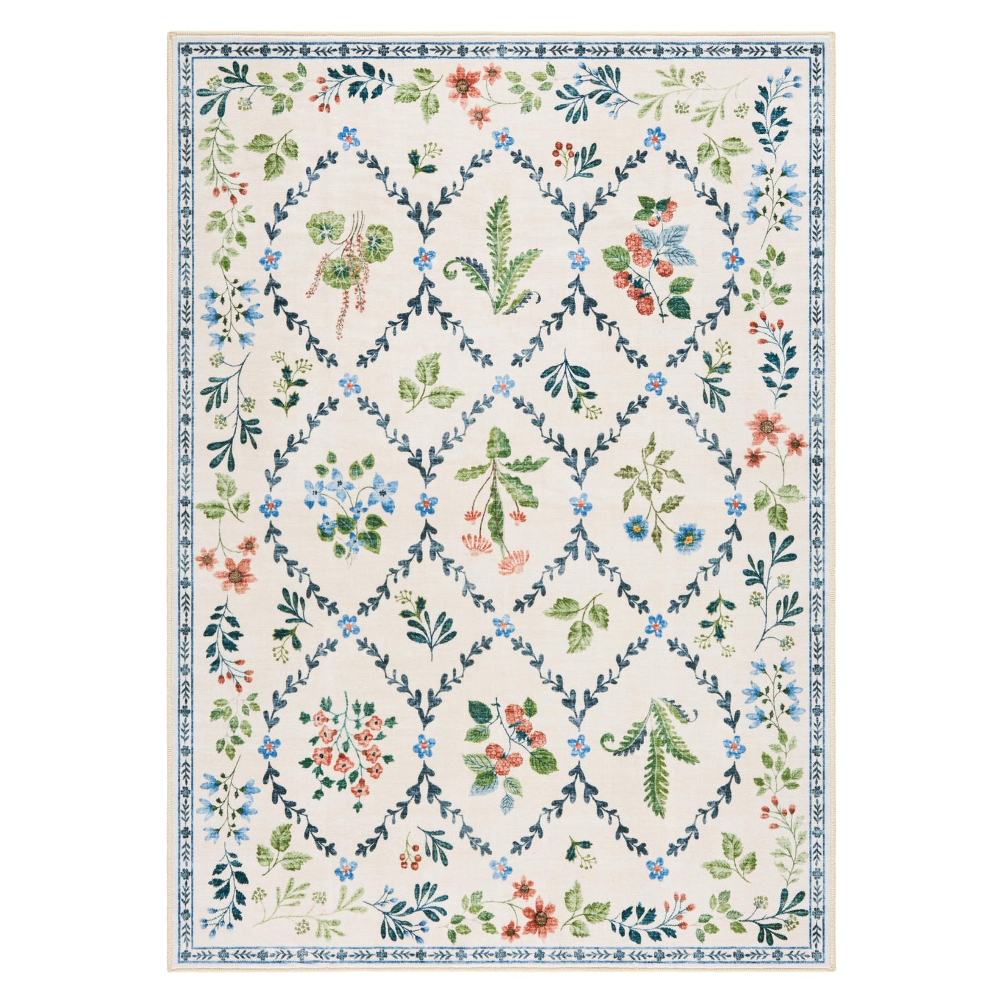 EVERWASH Haven Floral Trellis Machine Washable Area Rug with Airflo Technology for Easy Clean, Ultra-Soft Pile, Built-in Rug Pad with Non-Slip Backing, Pet, Family & Allergy Friendly, Ivory, 6'x9'
