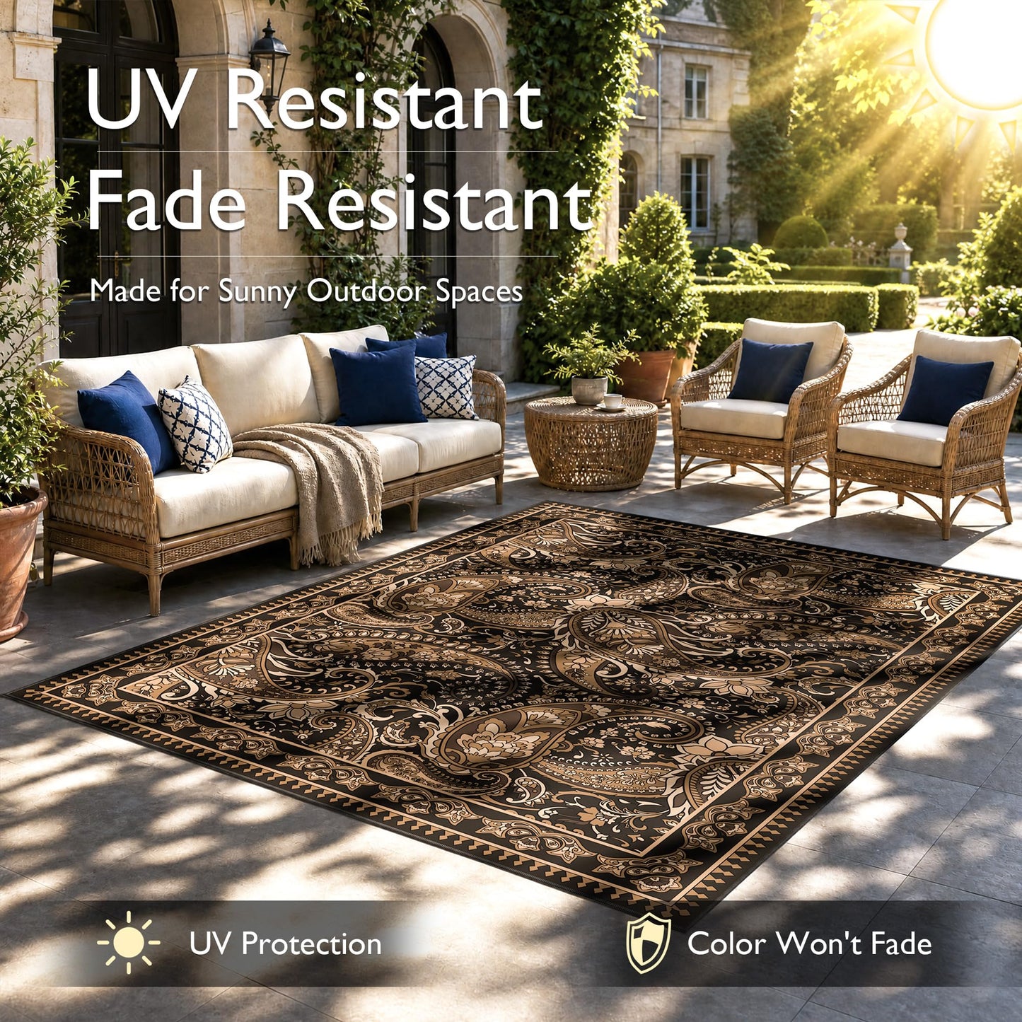 Arenarug Paisley Outdoor Rug Waterproof 5x8, UV Resistant Non Slip Patio Rug, Indoor Outdoor Boho Camping Rug Linen-Look RV Carpet for Deck Balcony Backyard, Taupe