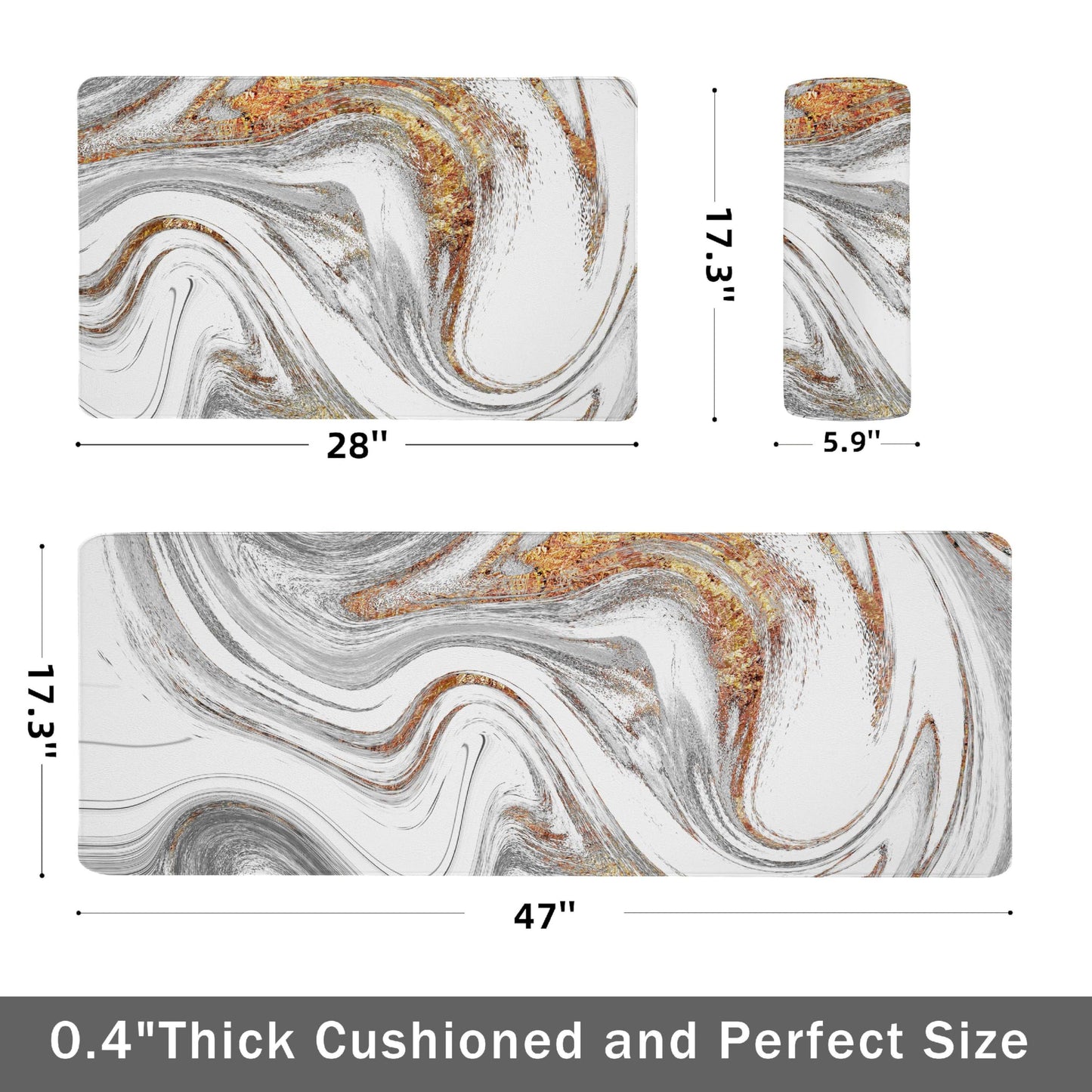 tubeamin Kitchen Mats for Floor Anti Fatigue Floor White Marble Cushioned Memory Foam Non Slip PVC Leather Padded Comfort Standing Rugs Set of 2, 17.3x28+17.3x47 Inch, 0.4 Inch Thick