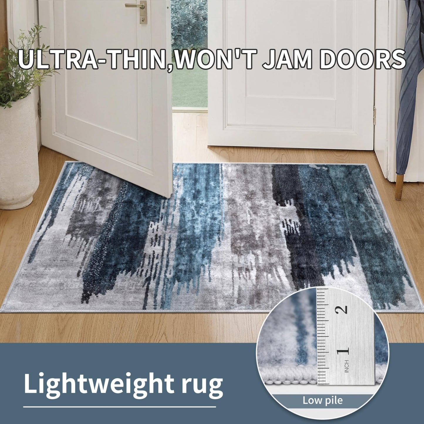 Ciicool Modern Abstract Area Rug 2x3 Washable Small Entryway Rug, Non-Slip Low Pile Throw Rug, Foldable Kitchen Bathroom Rugs, Blue Grey Floor Carpet for Entrance Living Room Bedroom Indoor Doormat