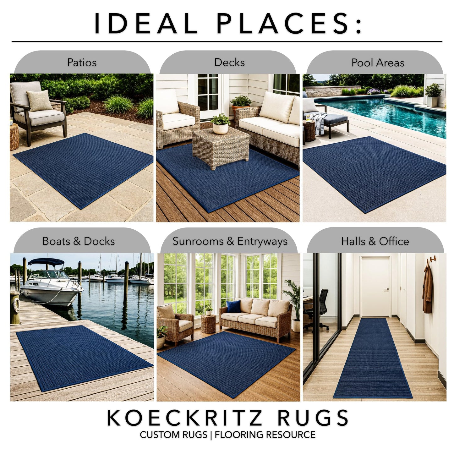 KOECKRITZ 7' x 12' Ocean Blue Area Rug - Soft, Durable Interlace Indoor-Outdoor Carpet for Living Room, Bedroom, Nursery - Lightweight PET Fiber, Cut-to-Size