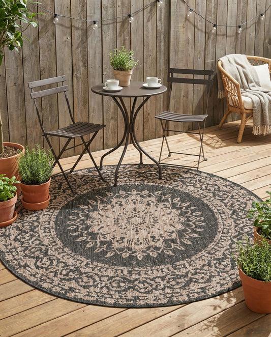 Rugs.com Outdoor Traditional Collection Rug – 6 Ft Round Black Flatweave-Pile Rug Perfect for Kitchens, Dining Rooms