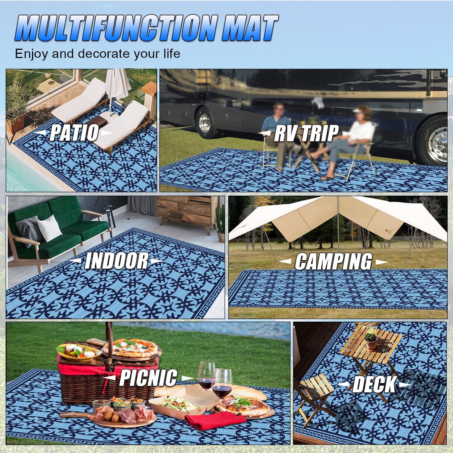 TIPHOPE 9X12FT RV Outdoor Rug with Carrying Bag, Portable Patio Mats Waterproof Outdoor Camping Rugs for Outdoor, Patio, RV, Picnic, Beach, Backyard, Deck,Easy Clean
