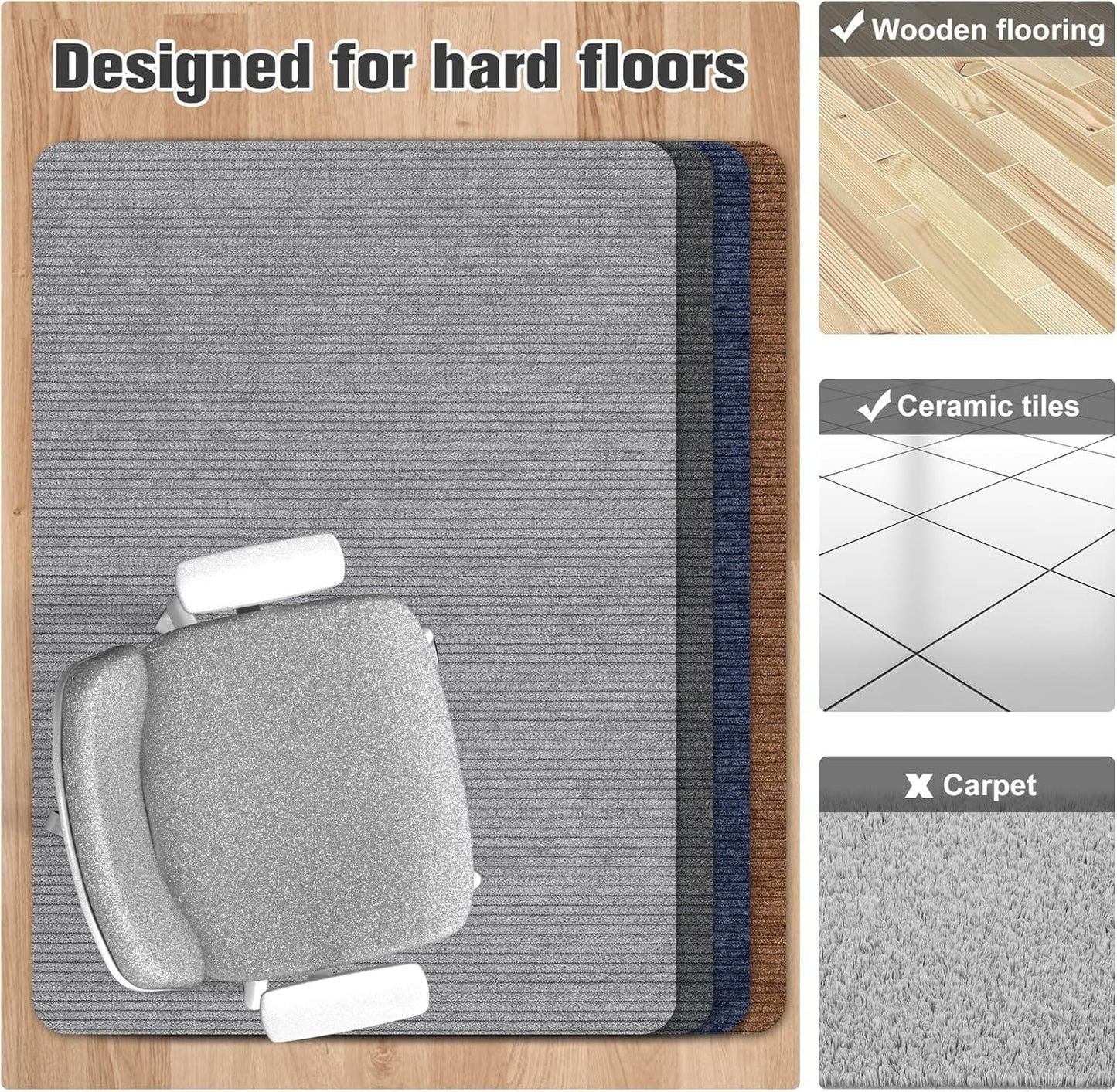 Placoot Desk Chair Mat for Hardwood Floor Corduroy Surface 1/6" Thick 55"x35" Office Chair Mat for Rolling Chairs-100% Large Anti-Slip Backing Under Desk Low-Pile Office Rug Floor Mat for Office/Home
