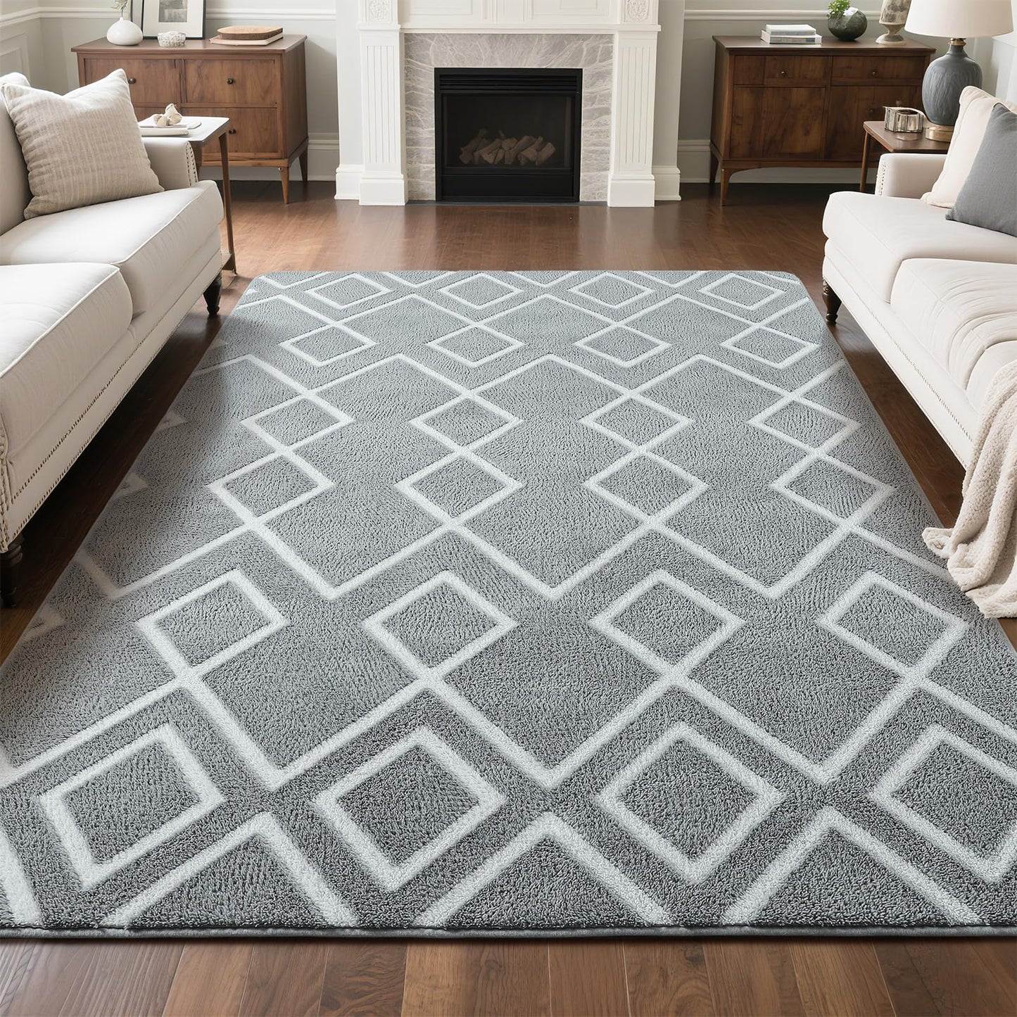 Rtizon Soft Area Rug for Bedroom, 4x6Ft Moroccan Rugs for Living Room, Geometric Non-Slip Carpet with Memory Foam for Boys Girls's Bedside Office Dorm Hallway, Grey and White