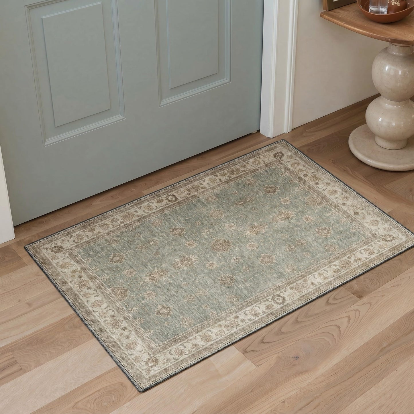 GENIMO 5X7 Area Rugs for Living Room, Machine Washable Non Slip Boho Vintage Rugs, Low Pile Soft Stain Resistant Rug for Bedroom, Dining Room, Home Office, Muted Sage