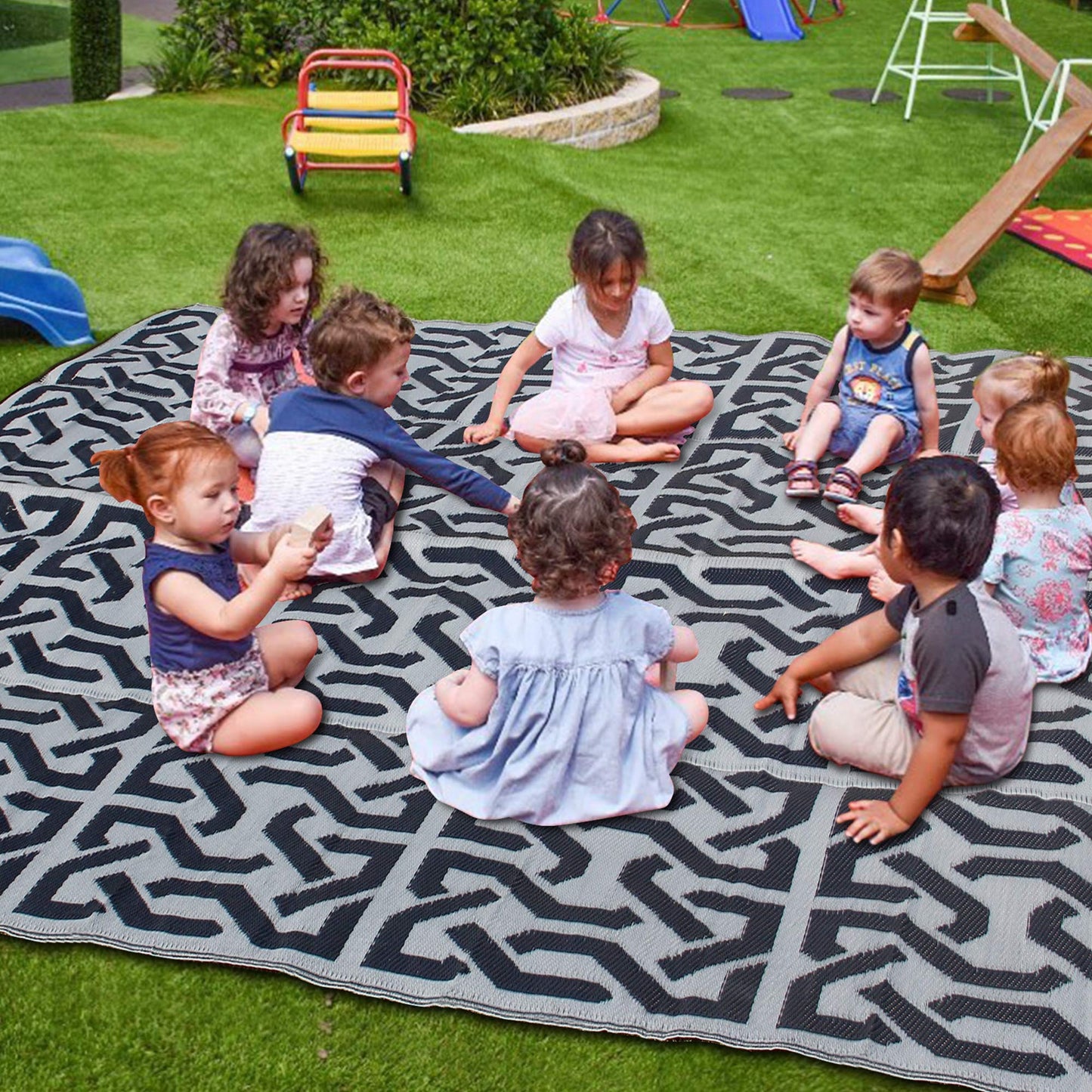 SAND MINE Reversible Mats, Plastic Straw Rug, Modern Area Rug, Large Floor Mat and Rug for Outdoors, RV, Patio, Backyard, Deck, Picnic, Beach, Trailer, Camping (9' x 12', Black & Grey)