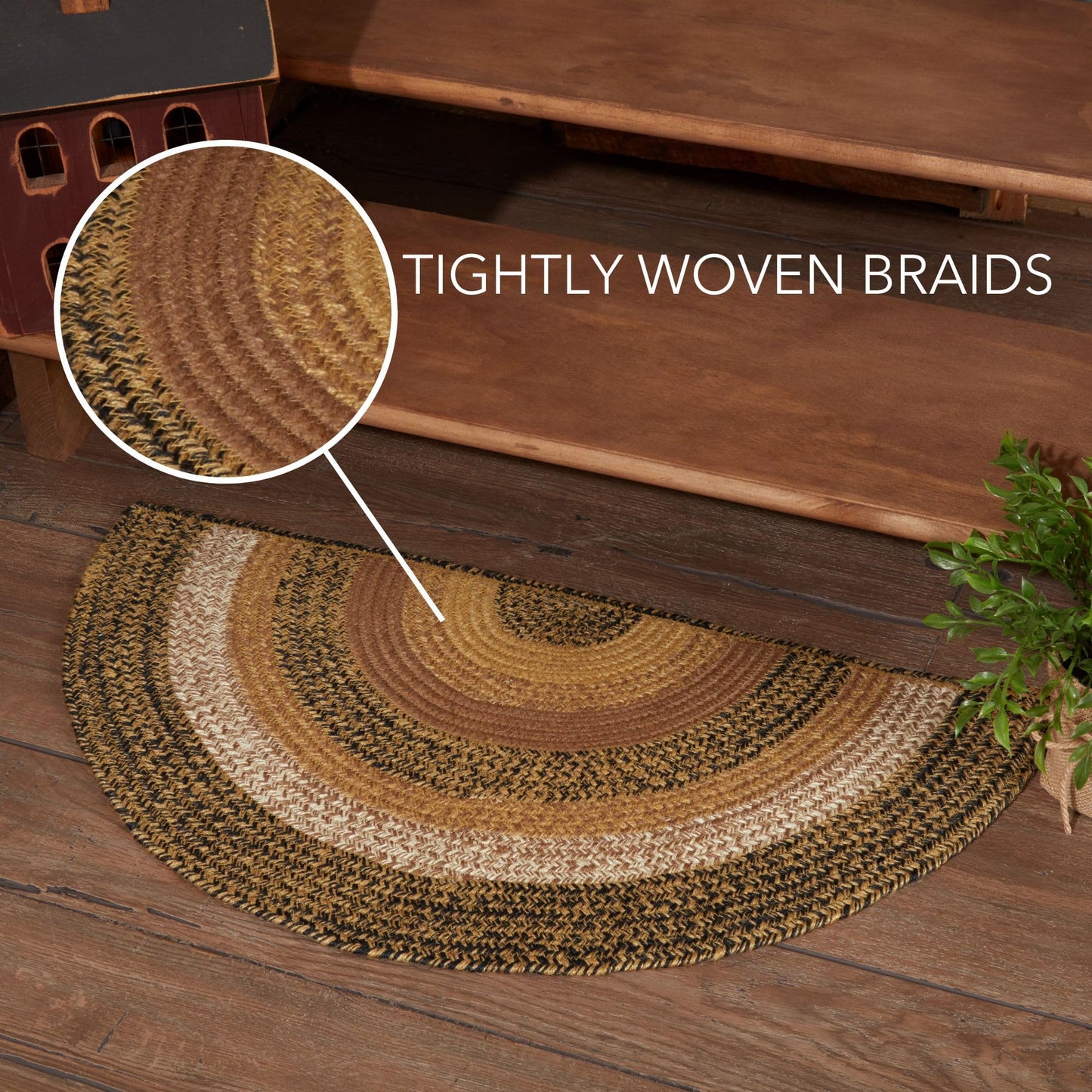 VHC Brands Kettle Grove Primitive Jute Tan Striped Rug Half Circle Decor 16.5"x33"