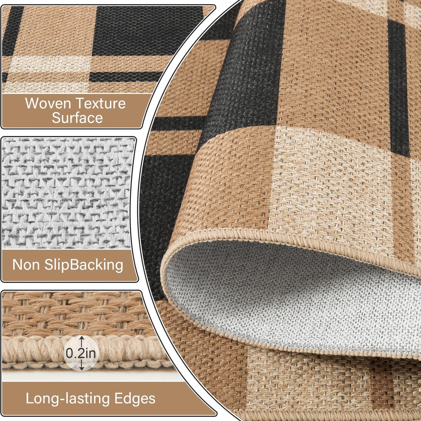 AROGAN Checkered Jute Runner Rug for Hallway, 2x6 Kitchen Runner Washable Rugs Carpet, Long Farmhouse Design Geometric Rugs for Entryway Indoor Laundry Welcome Mat 6 Ft Entry, Black and Brown