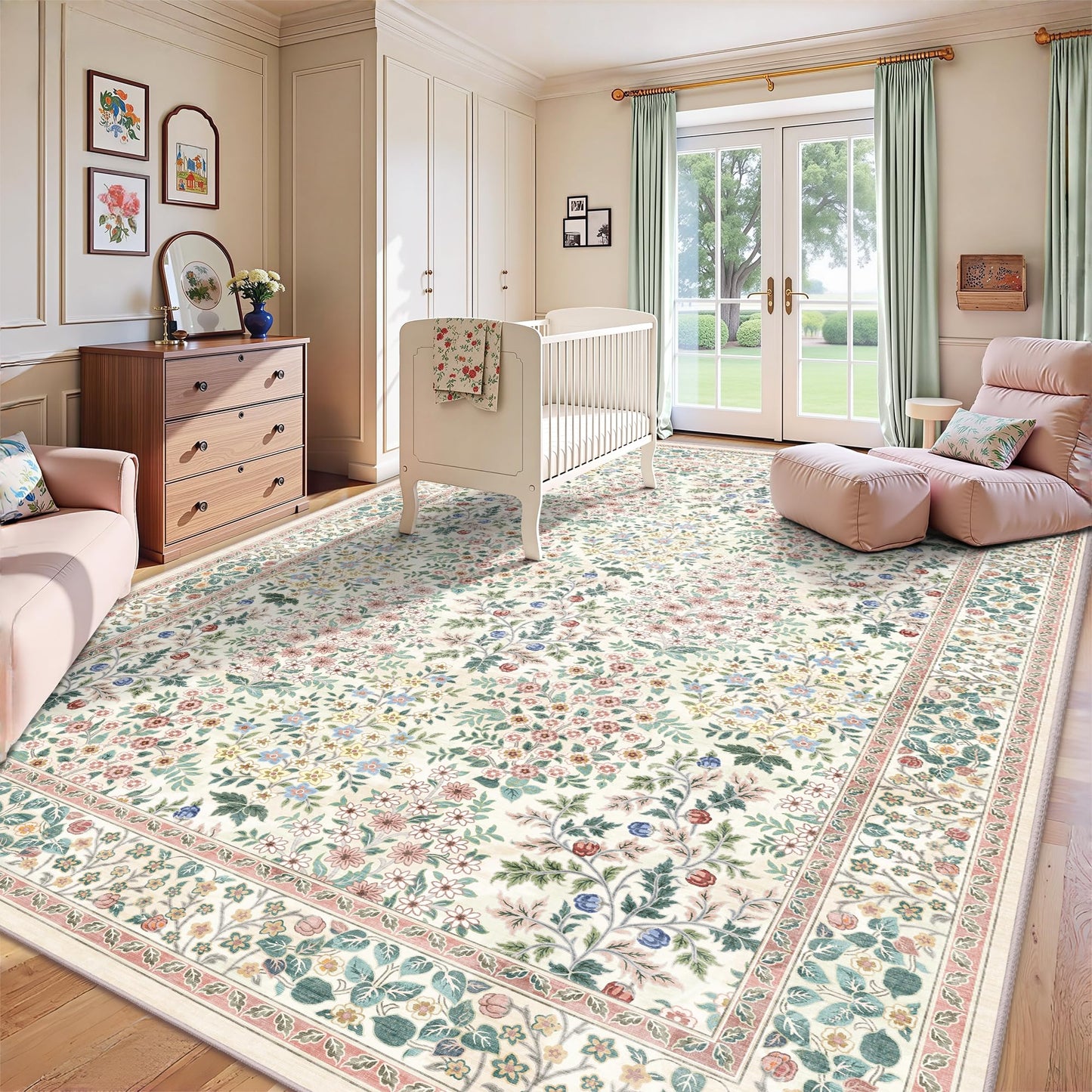 Yarooge 8x10 Area Rugs, Machine Washable Low Pile Floral Rugs for Living Room, Bedroom, Large Boho Area Rug with Non-Slip Backing for Dining Room(Pink Floral)