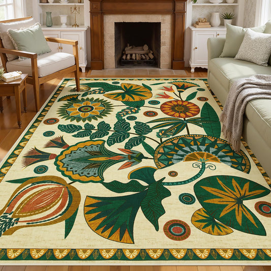Joydeco Egypt Floral Boho 5x7 Area Rugs for Living Room, Washable Beige Area Rug for Bedroom Playroom Non Slip, Vintage Soft Indoor Carpet for Kitchen Dining Room Entryway Office